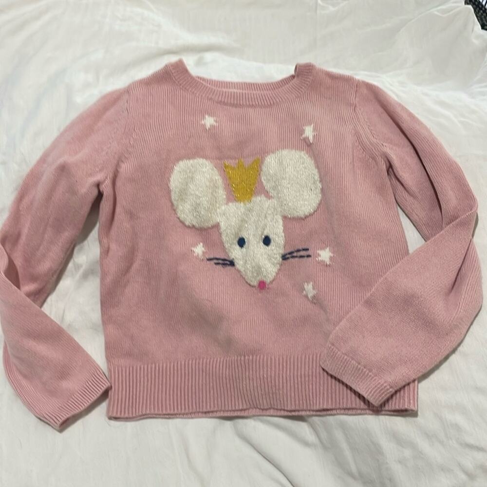 Gap kids 5 pale pink puffed sleeve queen mouse sweater euc worn once 💯cotton